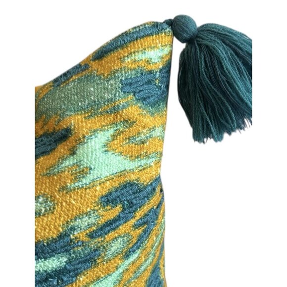 Woven Jute Turquoise Mustard Throw Pillow NWT Southern Living 22" Sq Tasseled - Picture 5 of 10